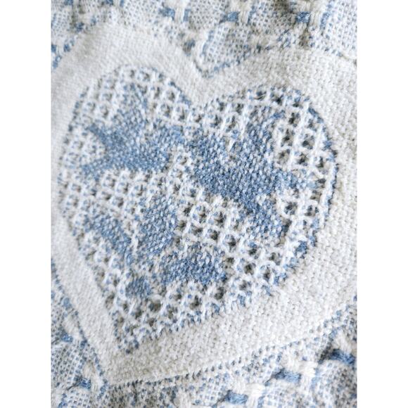 Vintage Fringe Woven Hearts Blanket 100% Cotton Granny CORE 49" x 54" BLUE WHT - Picture 5 of 6